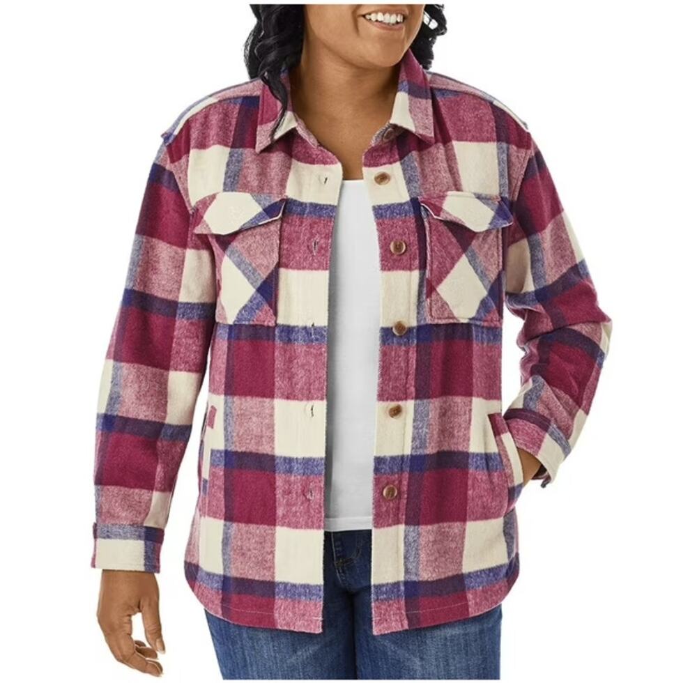 Members Mark Pink Blue Cream Plaid Shacket Womens XL Button Front